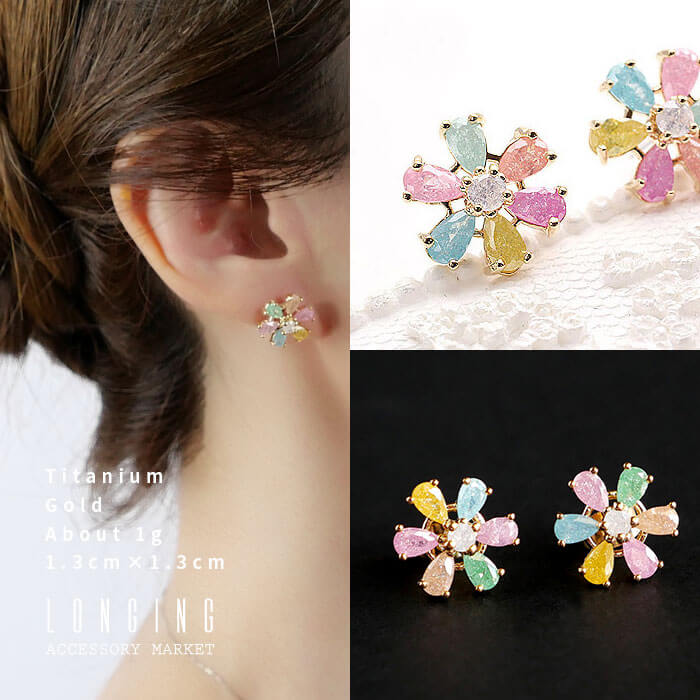 ピアス レディース ジルコニア キュービックジルコニア フラワー 花 チタンポスト 金属アレルギー対応
